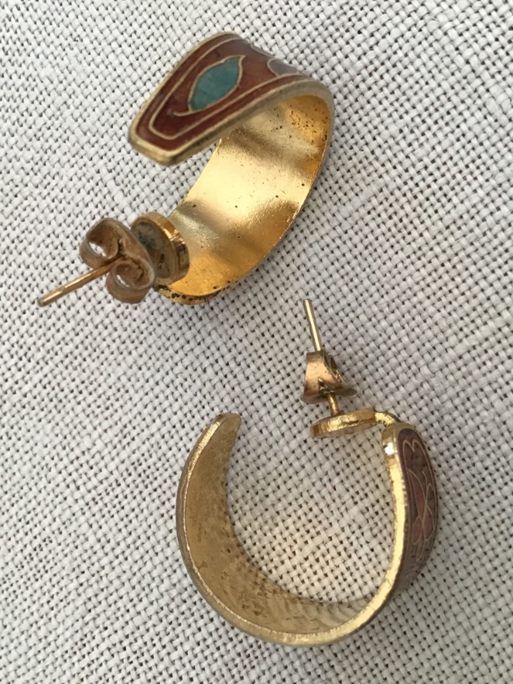 Vintage Cloisonné Enamel Floral Hoop Earrings Gold Tone Boho Retro Autumn - Picture 9 of 10